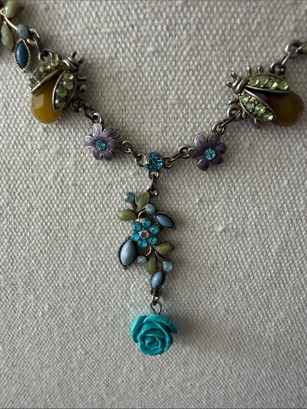 Flowers, Butterflies & Ladybugs on Y Shaped Silver Tone Adjustable Necklace.